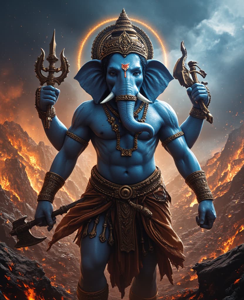  good quality, high quality, create a powerful, cinematic depiction of lord ganesha in a war ground. he should have an elephant head, with a muscular and imposing figure, wielding multiple divine weapons in his hands such as a trident (trishul), an axe, and a mace. his skin tone should be a vibrant, powerful blue. surround him with a dynamic war torn landscape, with fire, embers, and destruction in the background. the lighting should be dramatic, highlighting ganesha’s strength and divine energy. his jewelry and armor should be intricate and glowing with a divine aura. the overall style should evoke power, war, and godly might, with a strong, cinematic feel.