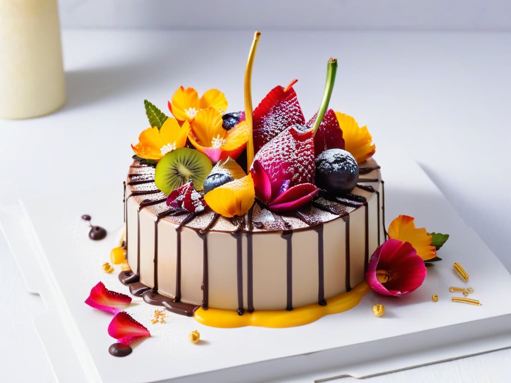  A highresolution image of a beautifully crafted dessert showcasing a fusion of exotic flavors in gourmet pastry. The dessert is elegantly presented on a minimalist white plate, highlighting intricate layers of vibrant tropical fruits, rich dark chocolate drizzle, delicate edible flowers, and a sprinkle of gold leaf for a touch of luxury. The lighting is soft and flattering, enhancing the colors and textures of the dessert, creating a visually enticing and appetizing image. hyperrealistic, full body, detailed clothing, highly detailed, cinematic lighting, stunningly beautiful, intricate, sharp focus, f/1. 8, 85mm, (centered image composition), (professionally color graded), ((bright soft diffused light)), volumetric fog, trending on instagram, trending on tumblr, HDR 4K, 8K