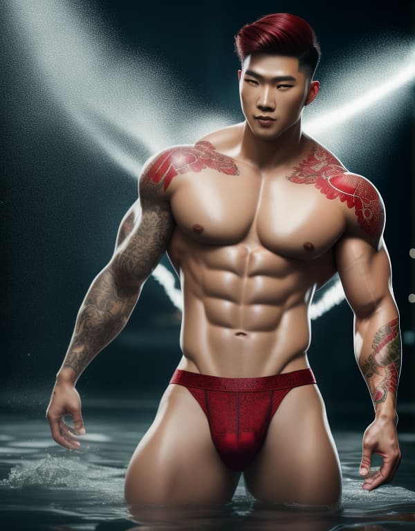  muscle, tattooed Chinese beautiful boy with white lace and red hair, lifting his in river， whole body，red chest hair hyperrealistic, full body, detailed clothing, highly detailed, cinematic lighting, stunningly beautiful, intricate, sharp focus, f/1. 8, 85mm, (centered image composition), (professionally color graded), ((bright soft diffused light)), volumetric fog, trending on instagram, trending on tumblr, HDR 4K, 8K