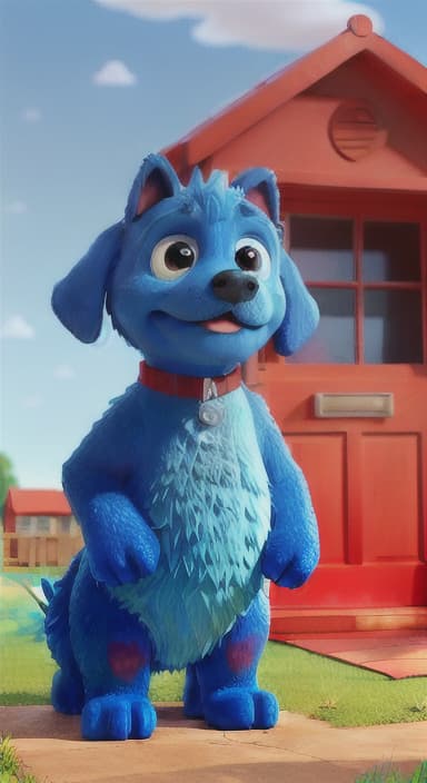  {Max the big blue dog standing in front of a cozy little house with a red door, The big blue dog is large with sky blue fur, big round eyes, a black nose, and floppy ears.