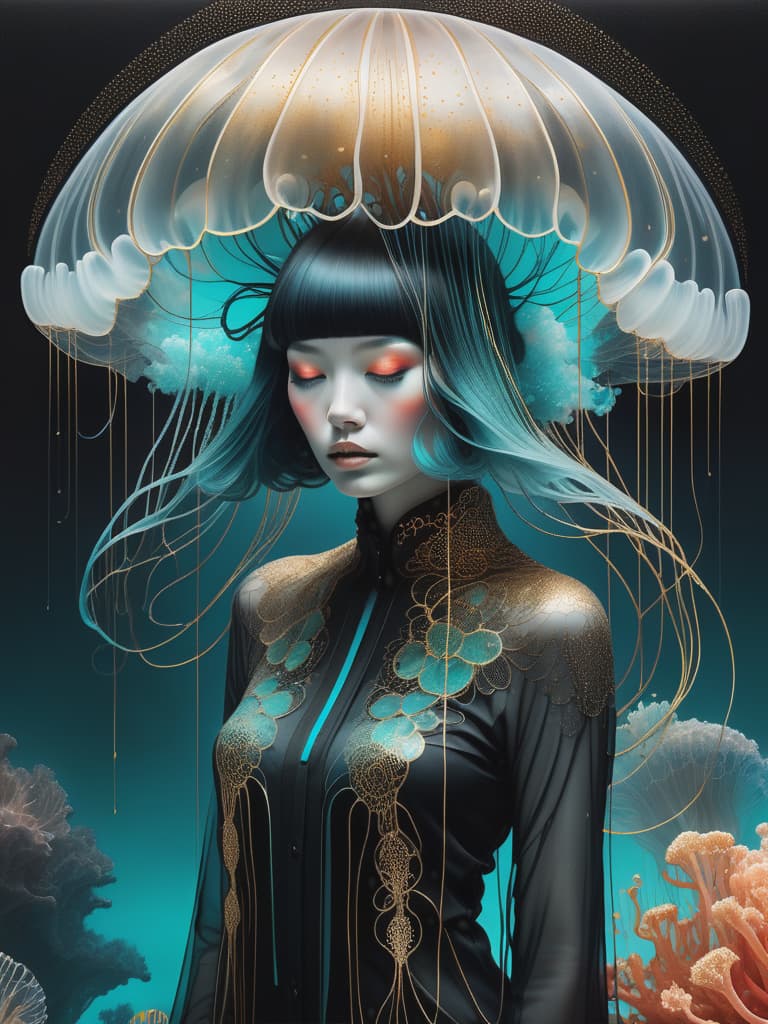  photo RAW, (Black, petrol and neon turquoise :  ghostly jellyfish woman, shiny aura, highly detailed, gold filigree, intricate motifs, organic tracery, by Januz Miralles, Hikari Shimoda, glowing stardust by W. Zelmer, perfect composition, smooth, sharp focus, sparkling particles, lively coral reef background , perfect composition, smooth, sharp focus, sparkling particles,  realism, hd, 35mm photograph, 8k), masterpiece, award winning photography, natural light, perfect composition, high detail, hyper realistic, High definition hyperrealistic, full body, detailed clothing, highly detailed, cinematic lighting, stunningly beautiful, intricate, sharp focus, f/1. 8, 85mm, (centered image composition), (professionally color graded), ((bright soft diffused light)), volumetric fog, trending on instagram, trending on tumblr, HDR 4K, 8K