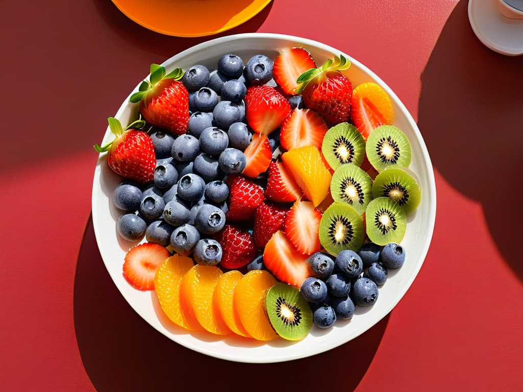  An ultradetailed closeup image of a colorful fruit salad arranged in a beautifully designed bowl, showcasing vibrant slices of strawberries, kiwis, blueberries, and oranges, with a sprinkle of chia seeds on top, all set against a clean, white background. hyperrealistic, full body, detailed clothing, highly detailed, cinematic lighting, stunningly beautiful, intricate, sharp focus, f/1. 8, 85mm, (centered image composition), (professionally color graded), ((bright soft diffused light)), volumetric fog, trending on instagram, trending on tumblr, HDR 4K, 8K