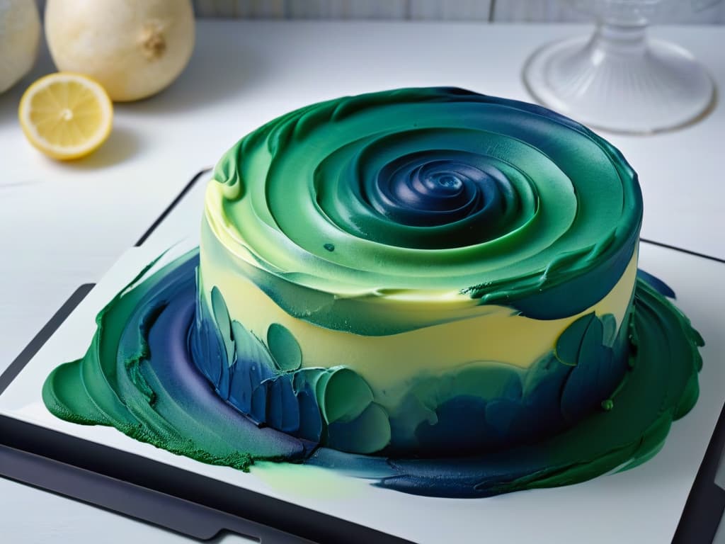  An intricate, ultradetailed 8k image showcasing a mesmerizing swirl of vibrant colors blending seamlessly into one another, resembling a delicate watercolor painting. The colors transition from deep indigo to rich emerald green, merging into sunny hues of lemon yellow and finally transforming into a soft lavender. The image captures the essence of a magical colorchanging dessert, evoking a sense of wonder and enchantment through its flawless gradient and ethereal beauty. hyperrealistic, full body, detailed clothing, highly detailed, cinematic lighting, stunningly beautiful, intricate, sharp focus, f/1. 8, 85mm, (centered image composition), (professionally color graded), ((bright soft diffused light)), volumetric fog, trending on instagram, trending on tumblr, HDR 4K, 8K