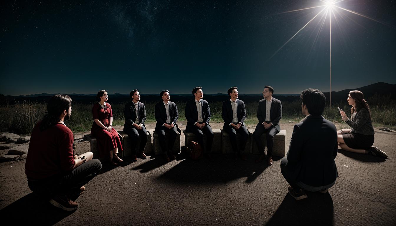  cinematic, aesthetic, Group of people seated in a circle, animated discussion, engaged expressions, connection, community growth, 4k, HDR, lens flare