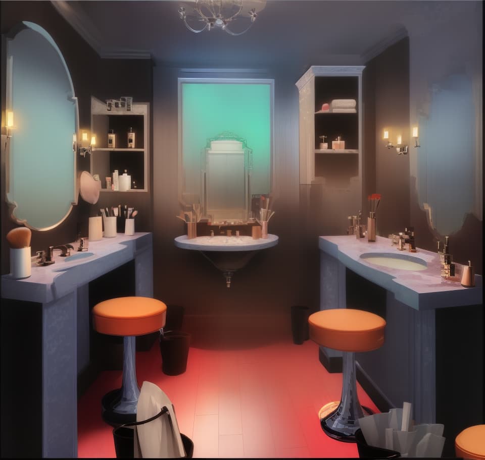  A powder room with mirrors and a table with lots of cosmetics and a lot of buckets of brushes