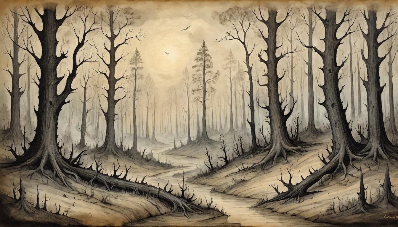  on parchment, surrealism+++, a wooded landscape emerging resilient after a wildfire, regeneration, strength, inevitability of growth.(mysterious, provocative, symbolic,muted color)+++