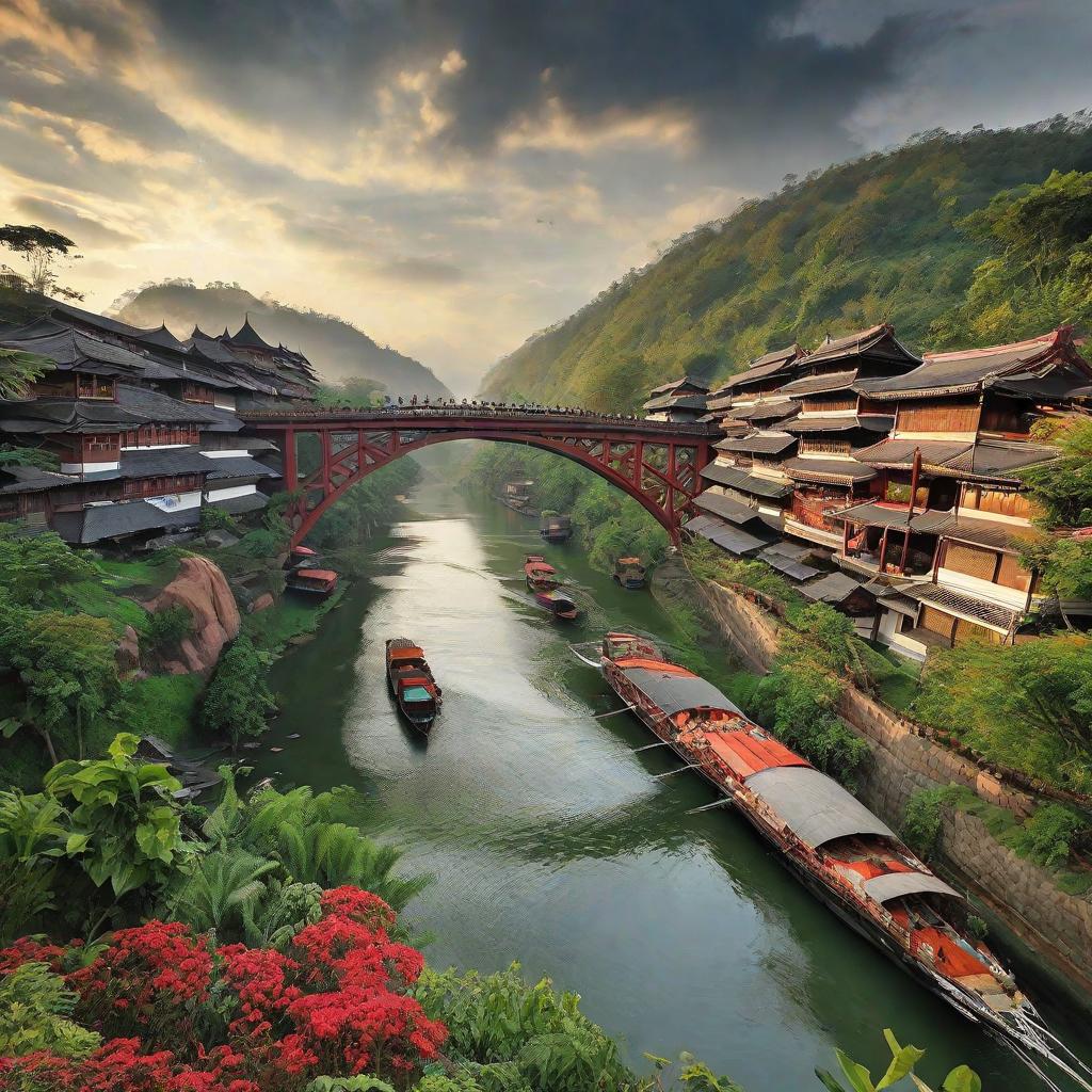  masterpiece, best quality, Buatkan gambar pemandangan indah, seorang pria memandang ke langit, berdiri di atas jembatan