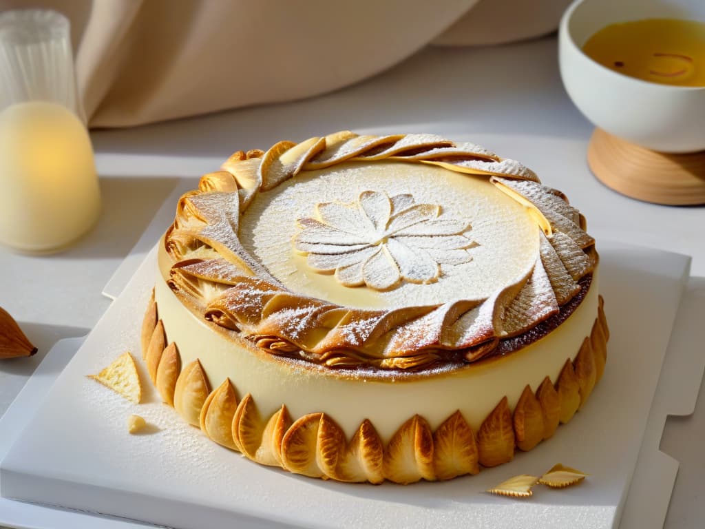  An intricate, highresolution image capturing the delicate process of handcrafting a Galette des Rois. The picture shows a pair of skilled hands meticulously folding layers of puff pastry over the rich almond cream filling, with scattered golden flakes of almond and sugar glistening on the countertop. The soft natural light enhances the textures of the ingredients, highlighting the contrast between the buttery pastry and the velvety almond paste. This minimalistic yet detailed composition conveys the artistry and precision involved in preparing this traditional French delicacy, inviting the viewer to appreciate the intricate beauty of the Galette des Rois creation process. hyperrealistic, full body, detailed clothing, highly detailed, cinematic lighting, stunningly beautiful, intricate, sharp focus, f/1. 8, 85mm, (centered image composition), (professionally color graded), ((bright soft diffused light)), volumetric fog, trending on instagram, trending on tumblr, HDR 4K, 8K