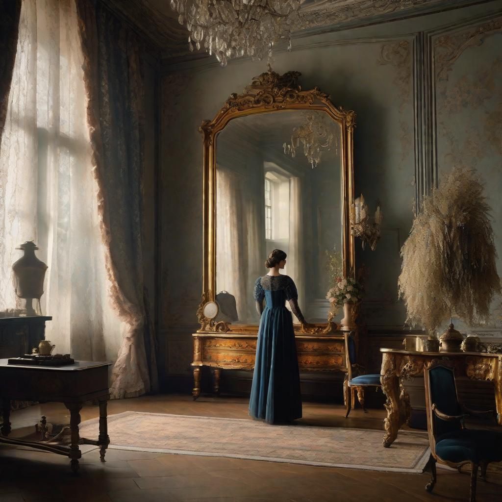  Masterpiece, best quality, a dimly lit room with a figure standing in front of a huge antique mirror. Clothes made of sparkling translucent fabric give the illusion of floating in mid-air. The environment is decorated with vintage furniture and delicate lace curtains, creating an elegant and nostalgic atmosphere. The mood is introspective and brooding, with a hint of melancholy. The style recalls a classic oil painting, with soft strokes and soft colors. The light is soft and atmospheric, illuminating the character with a spotlight and casting dramatic shadows. The implementation is a digital painting created using a graphics tablet and digital painting software, capturing complex details and textures of the fabric and surrounding environme