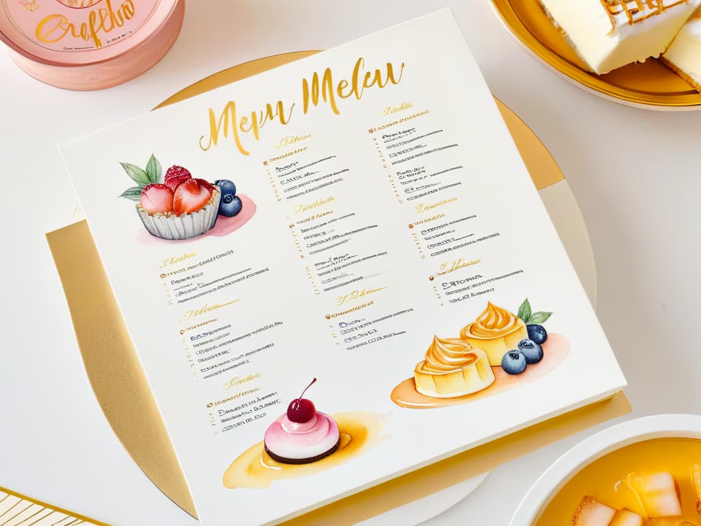  A closeup, ultradetailed image of a beautifully decorated, intricately designed dessert menu featuring elegant calligraphy, delicate watercolor illustrations of various desserts, and a sleek, modern layout. The color palette is soft pastels with gold accents, giving it a luxurious and professional feel. The design is clean, minimalist, and visually stunning, making it the perfect inspiration for creating menus and dessert labels like a true professional in the realm of pastry design. hyperrealistic, full body, detailed clothing, highly detailed, cinematic lighting, stunningly beautiful, intricate, sharp focus, f/1. 8, 85mm, (centered image composition), (professionally color graded), ((bright soft diffused light)), volumetric fog, trending on instagram, trending on tumblr, HDR 4K, 8K