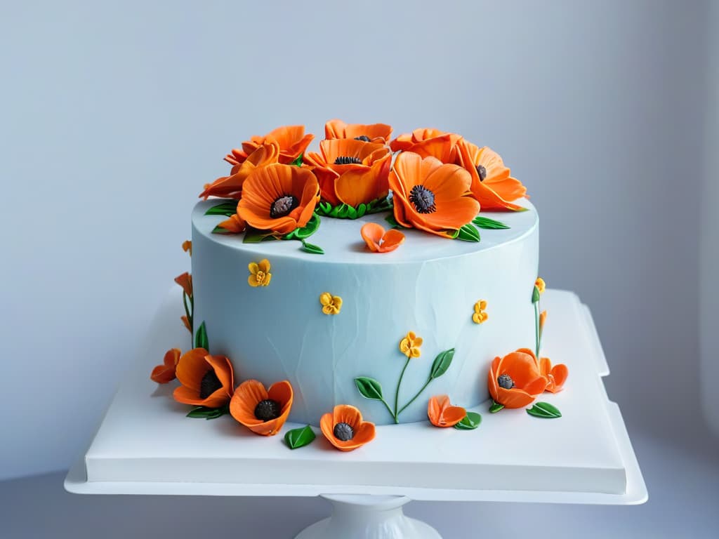  An intricately decorated glutenfree cake with vibrant, detailed fondant flowers cascading down its side, each petal delicately crafted and shining in the light. The cake sits on a pristine white cake stand, accentuating its flawless design and elegant appearance. The background is softly blurred, drawing the viewer's attention to the exquisite craftsmanship of the cake decoration. hyperrealistic, full body, detailed clothing, highly detailed, cinematic lighting, stunningly beautiful, intricate, sharp focus, f/1. 8, 85mm, (centered image composition), (professionally color graded), ((bright soft diffused light)), volumetric fog, trending on instagram, trending on tumblr, HDR 4K, 8K