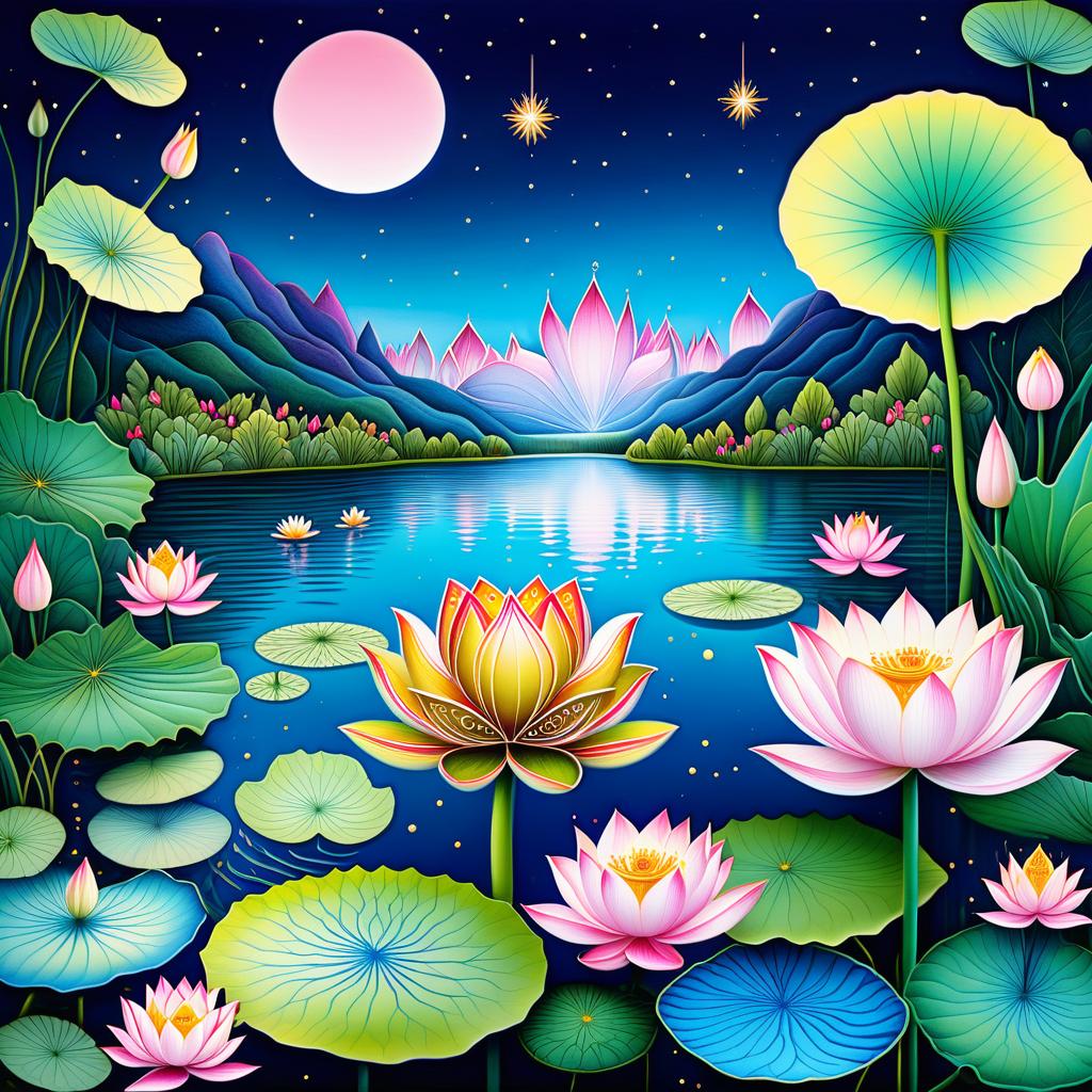  zentangle (Background): a lake with blooming lotuses of different shades: from white pink to bright crimson and leaves of tender green colour. The sky above the lake of dark blue colour with golden stars scattered on it. (Fantasy Princess Frog): in the centre of the lake on the biggest lotus flower sits a charming frog in a golden crown decorated with blue and blue precious stones. In his paws he holds a ring decorated with blue stones. Style: fantasy, Russian fairy tales, illustrations. . intricate, abstract, monochrome, patterns, meditative, highly detailed hyperrealistic, full body, detailed clothing, highly detailed, cinematic lighting, stunningly beautiful, intricate, sharp focus, f/1. 8, 85mm, (centered image composition), (professionally color graded), ((bright soft diffused light)), volumetric fog, trending on instagram, trending on tumblr, HDR 4K, 8K