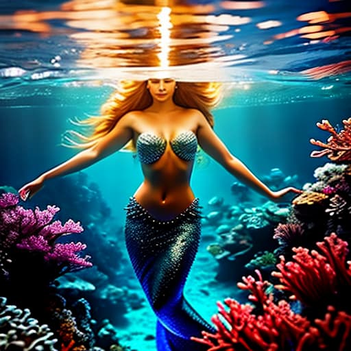  A cinematic still image of a beautiful mermaid with long hair, wearing a tiara of an intricate combination of coral, pearls, shells and gold chains floating in an unknown ocean, focus on a surprised beautiful face, close up, exotic ocean landscape, alien flora and fauna, weightlessness effect, underwater atmosphere, otherworldly bioluminescence, detailed texture on the skin and tail of a mermaid, beautiful blue surprised eyes. High quality, detailed drawing. hyperrealistic, full body, detailed clothing, highly detailed, cinematic lighting, stunningly beautiful, intricate, sharp focus, f/1. 8, 85mm, (centered image composition), (professionally color graded), ((bright soft diffused light)), volumetric fog, trending on instagram, trending on tumblr, HDR 4K, 8K