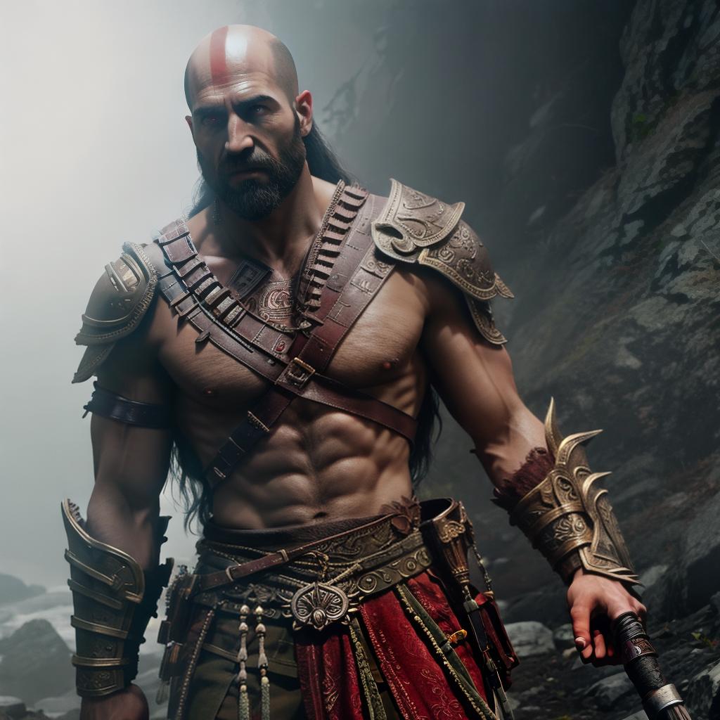  God of war hyperrealistic, full body, detailed clothing, highly detailed, cinematic lighting, stunningly beautiful, intricate, sharp focus, f/1. 8, 85mm, (centered image composition), (professionally color graded), ((bright soft diffused light)), volumetric fog, trending on instagram, trending on tumblr, HDR 4K, 8K