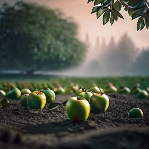  "Generate an image featuring a character named Rina with a surprised expression, situated on the ground beneath an apple tree, lightly speckled with flying dirt particles. The backdrop should showcase ripe green apples hanging from the tree, with dappled sunlight filtering through the leaves.", best quality, very detailed, high resolution, sharp, sharp image, extremely detailed, 4k, 8k hyperrealistic, full body, detailed clothing, highly detailed, cinematic lighting, stunningly beautiful, intricate, sharp focus, f/1. 8, 85mm, (centered image composition), (professionally color graded), ((bright soft diffused light)), volumetric fog, trending on instagram, trending on tumblr, HDR 4K, 8K