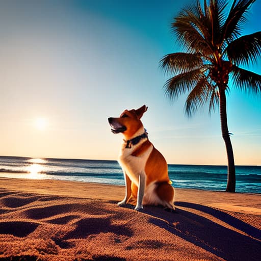 dublex style dublex dog on the beach under the palm tree, hyperrealistic photograph, sharp focus, 8k