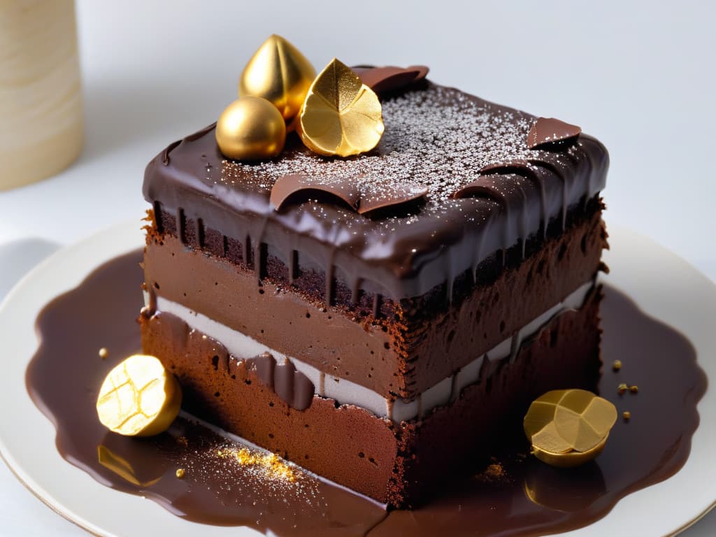  A closeup, ultradetailed image of a decadent chocolate cake slice topped with a rich, glossy macainfused ganache, garnished with delicate gold flakes and a sprinkle of powdered maca. The cake is displayed on a sleek, modern white plate with minimalist geometric accents, set against a soft, neutral background to highlight the luxurious texture and vibrant colors of the dessert. hyperrealistic, full body, detailed clothing, highly detailed, cinematic lighting, stunningly beautiful, intricate, sharp focus, f/1. 8, 85mm, (centered image composition), (professionally color graded), ((bright soft diffused light)), volumetric fog, trending on instagram, trending on tumblr, HDR 4K, 8K