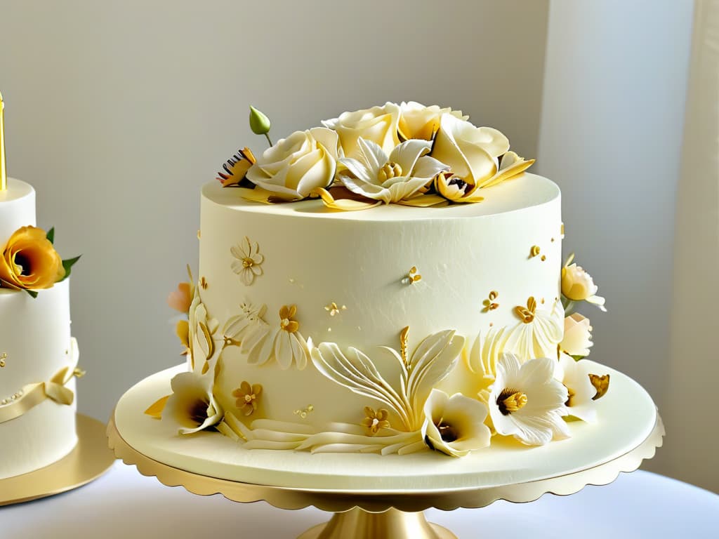  A closeup, ultradetailed image of a beautiful, intricately designed wedding cake featuring delicate sugar flowers, elegant piping work, and shimmering gold accents. The cake is displayed on a simple, modern white cake stand against a soft, blurred background, highlighting the precision and artistry of the confectionery design. The image captures the intricate details of the cake's decoration, showcasing the skill and creativity involved in creating such a stunning piece of edible art. hyperrealistic, full body, detailed clothing, highly detailed, cinematic lighting, stunningly beautiful, intricate, sharp focus, f/1. 8, 85mm, (centered image composition), (professionally color graded), ((bright soft diffused light)), volumetric fog, trending on instagram, trending on tumblr, HDR 4K, 8K