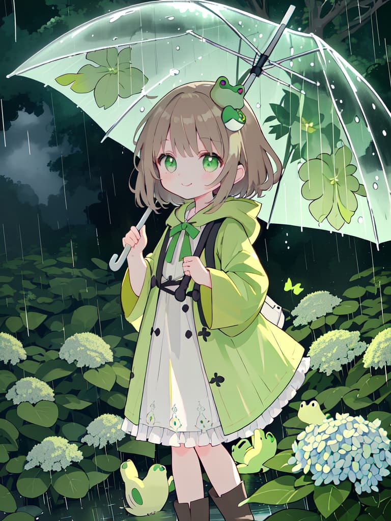  Cute,,young ,frog,brown hair,raincoat,green raincoat,yellow boots,smile,rainy,green eyes,frog hair ornament,pointing to yellow umbrella,rain clouds,rainy sky,cloudy,hydrangea,rainy season、ultra detailed,best shadow,cute and beautiful face,(masterpiece:1.2),(best quality:1.2),detailed background,high contrast,(best illumination,an extremely delicate and beautiful),((cinematic light)),hyper detail,dramatic light,intricate details,8k,anime,very aesthetic, masterpiece, best quality,8k,ultra detailed,high resolution,an extremely delicate and beautiful,hyper detail