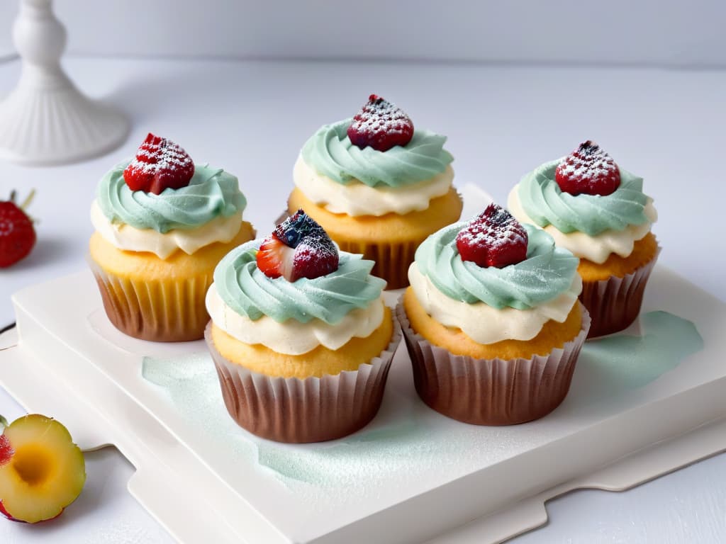  A closeup, ultrahighresolution image of a delicate sugarfree cupcake topped with swirls of fluffy, pastelcolored frosting. The cupcake sits on a pristine white plate, with a few scattered fresh berries beside it, glistening with tiny droplets of water. The frosting is intricately piped, showcasing intricate patterns and delicate details, exuding a sense of artistry and elegance. The lighting is soft, casting gentle shadows that enhance the textures and colors of the cupcake and berries. hyperrealistic, full body, detailed clothing, highly detailed, cinematic lighting, stunningly beautiful, intricate, sharp focus, f/1. 8, 85mm, (centered image composition), (professionally color graded), ((bright soft diffused light)), volumetric fog, trending on instagram, trending on tumblr, HDR 4K, 8K