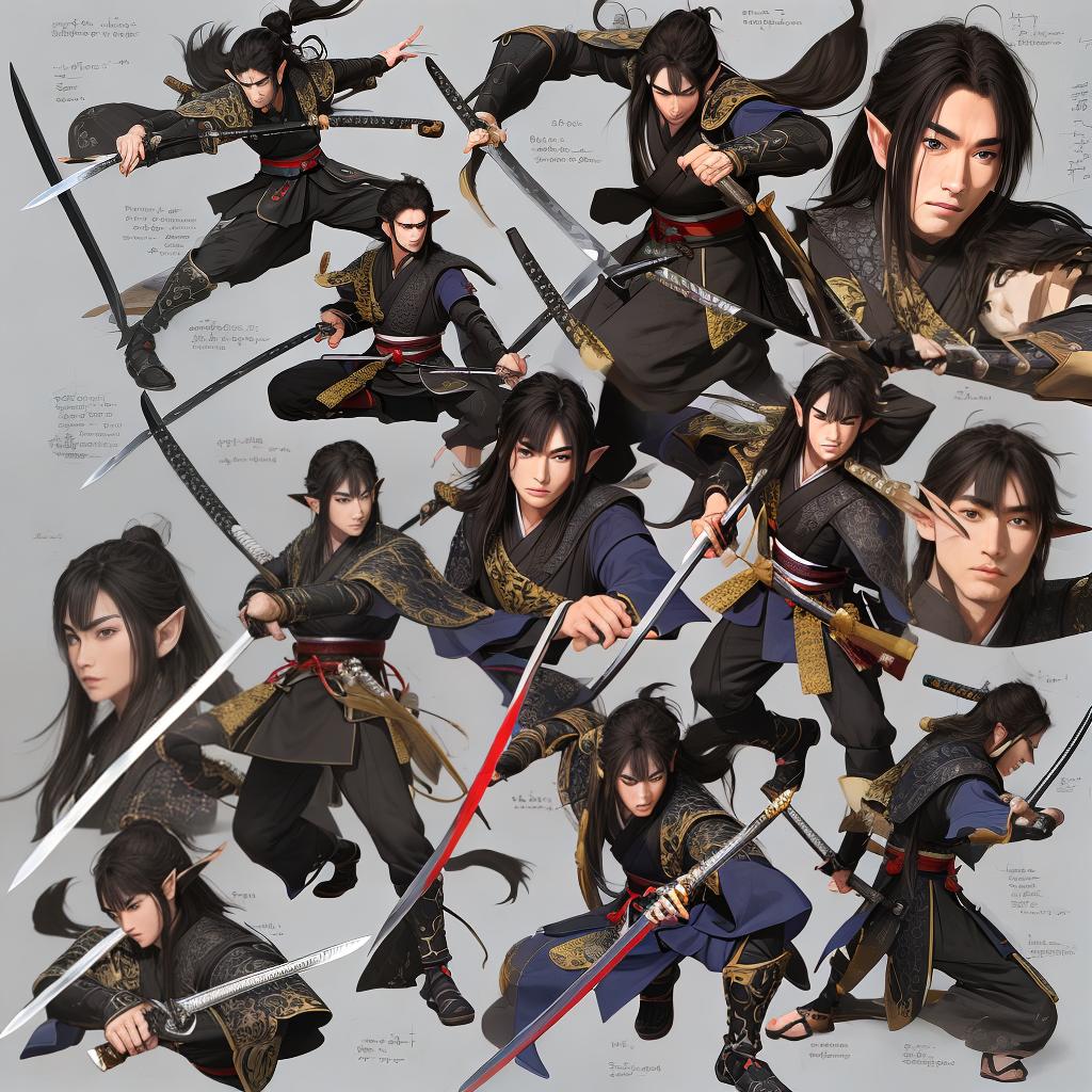  masterpiece, best quality, Best Quality, Masterpiece, 8k resolution,high resolution concept art of an aduld male Half Elf samurai with a katana from Rpg, detailed eyes, detailed hands, ultra realistic face, realistic weapons, detailed weapon, black hair, detailed fingers,