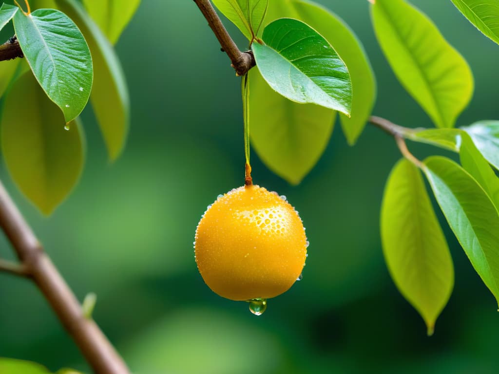  An ultradetailed, 8k resolution image of a single ripe monk fruit hanging from a branch against a softfocus background of lush green leaves. The fruit is perfectly illuminated to showcase its vibrant colors and unique shape, with droplets of dew glistening on its surface, emphasizing its natural freshness and purity. The minimalistic composition highlights the beauty and simplicity of this ancient natural sweetener, evoking a sense of tranquility and healthful living. hyperrealistic, full body, detailed clothing, highly detailed, cinematic lighting, stunningly beautiful, intricate, sharp focus, f/1. 8, 85mm, (centered image composition), (professionally color graded), ((bright soft diffused light)), volumetric fog, trending on instagram, trending on tumblr, HDR 4K, 8K