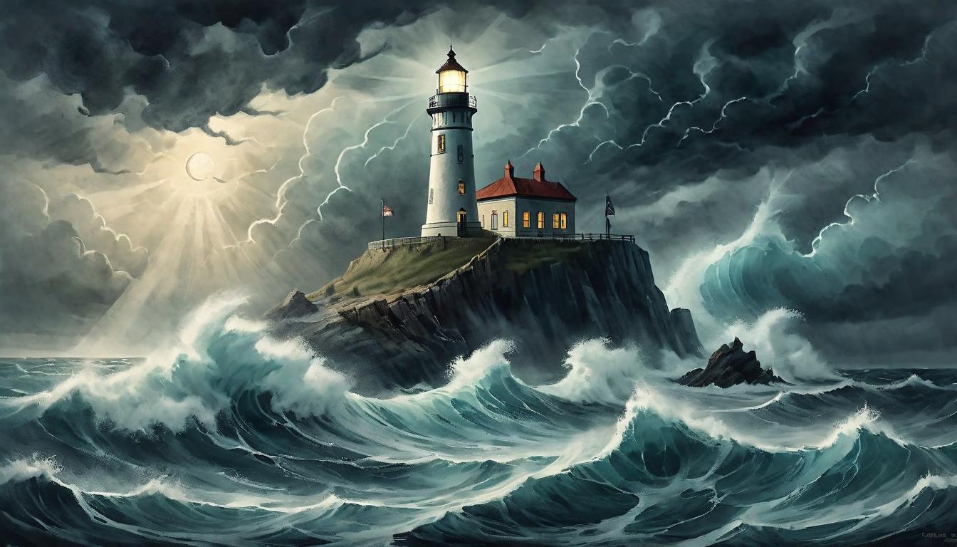  on parchment, surrealism+++, Dark stormy sea with a lighthouse standing firm, waves crashing against it, light piercing through the storm, direction, resilience, determination(mysterious, provocative, symbolic,muted color)+++