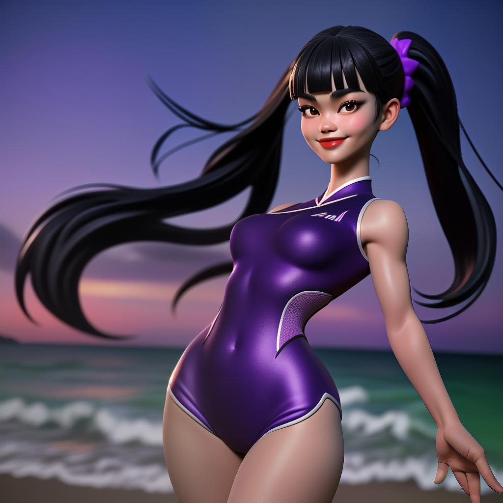  (full-body photo), a Thai woman wearing a cheerleader outfit standing on the beach party, black long blunt bangs, smile, lipstick, purple cheerleader outfit, beach, at night, ((finely detailed face)), professional photoshoot, muse, perfect anatomy, perfectly shapely body, detailed background, perfect body parts, perfect proportions, hyper-realism, professional compositions, perfect lighting, masterpiece, award winning, 8k, best quality, hyperrealistic