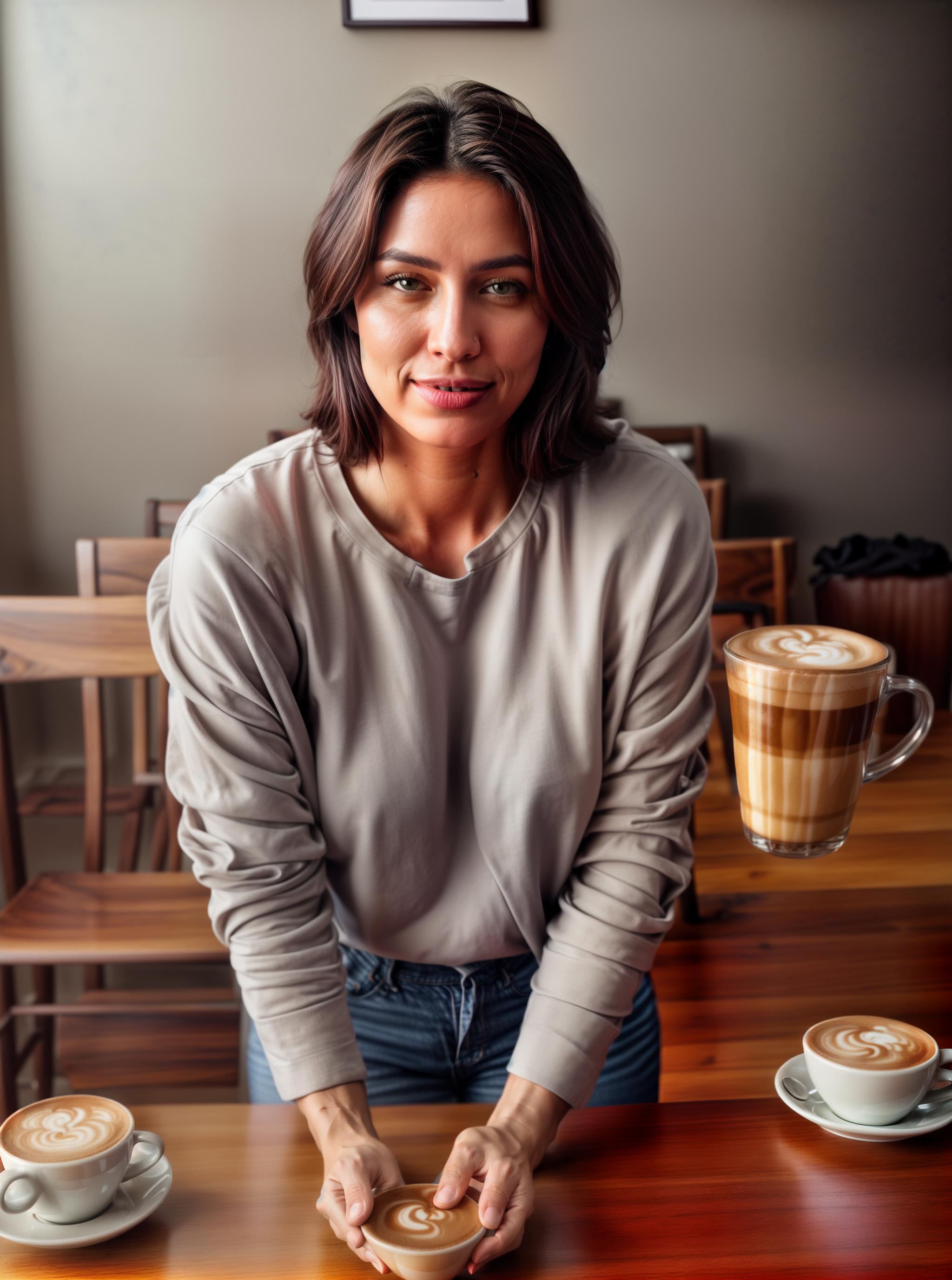  RAW photo, ((Ultra realistic photo, table in a coffee shop, top view, 2 cups of coffee on the table, dessert, dessert spoon)), 8k uhd, dslr, soft lighting, high quality, film grain, Fujifilm XT3 hyperrealistic, full body, detailed clothing, highly detailed, cinematic lighting, stunningly beautiful, intricate, sharp focus, f/1. 8, 85mm, (centered image composition), (professionally color graded), ((bright soft diffused light)), volumetric fog, trending on instagram, trending on tumblr, HDR 4K, 8K