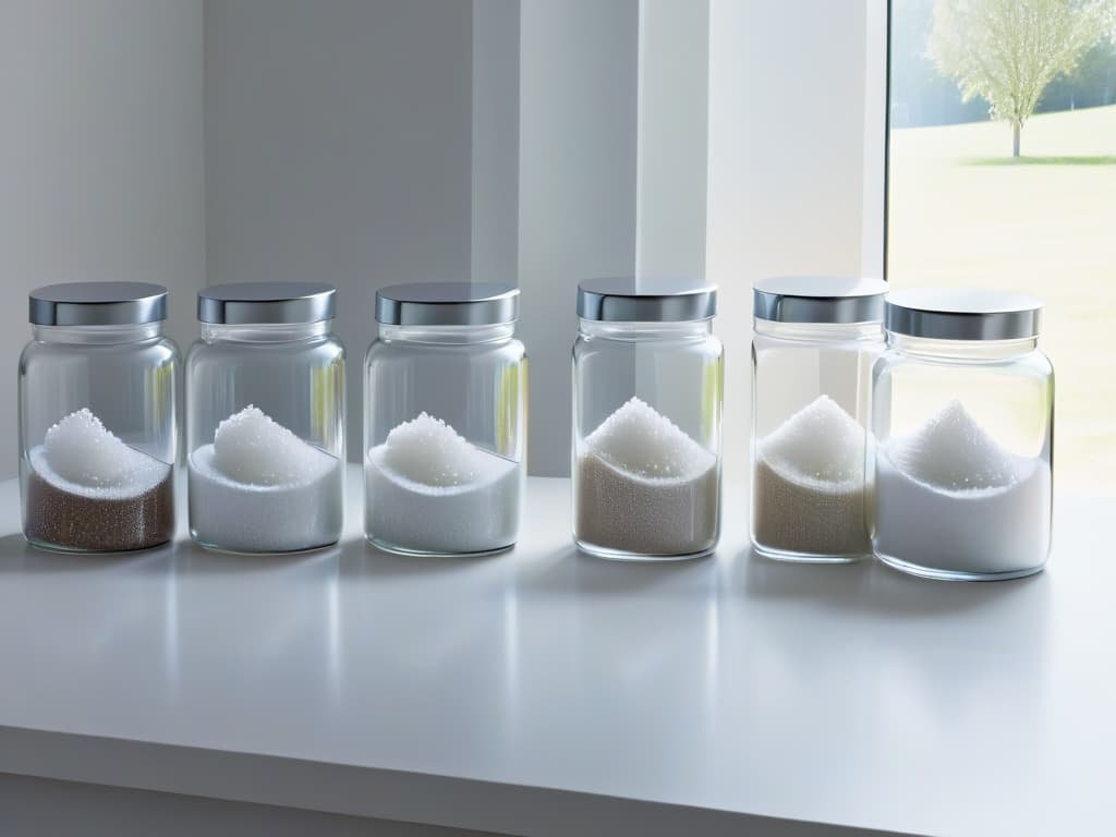  A highresolution, ultradetailed image of a sleek, modern kitchen countertop adorned with elegant glass jars filled with white, crystalline birch sugar. The soft, natural light filtering in through a nearby window reflects off the sugar crystals, creating a mesmerizing play of light and shadow. The minimalist aesthetic of the image conveys sophistication and elegance, perfectly complementing the theme of modern pastrymaking with birch sugar. hyperrealistic, full body, detailed clothing, highly detailed, cinematic lighting, stunningly beautiful, intricate, sharp focus, f/1. 8, 85mm, (centered image composition), (professionally color graded), ((bright soft diffused light)), volumetric fog, trending on instagram, trending on tumblr, HDR 4K, 8K