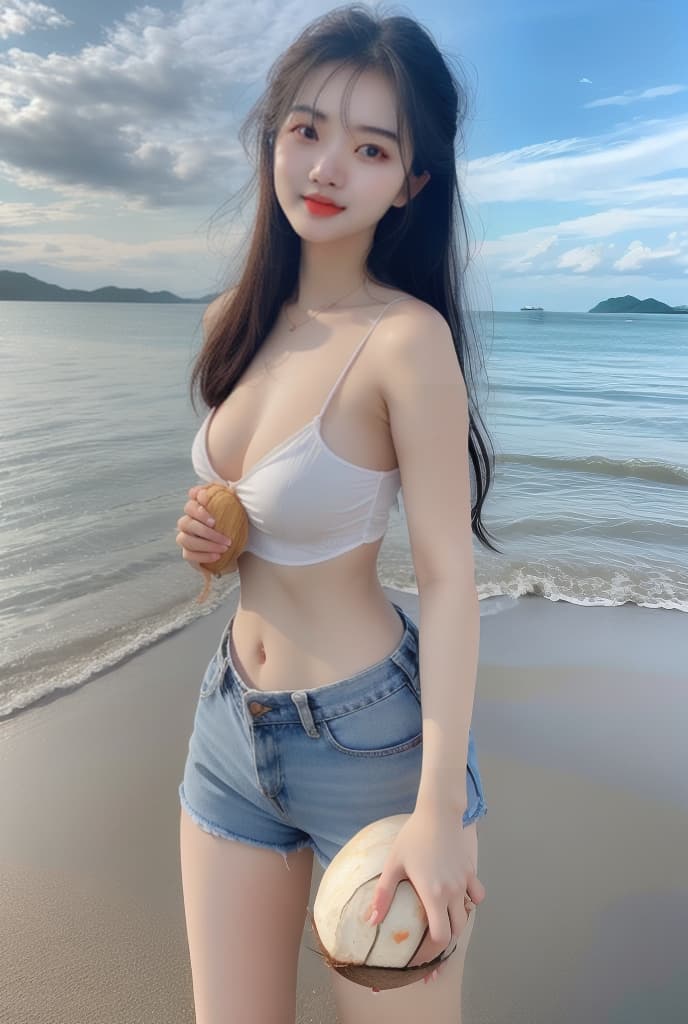  A beautiful Vietnamese girl standing on beach, holding a coconut, white camisole, blue jean, hyperrealistic, full body, detailed clothing, highly detailed, cinematic lighting, stunningly beautiful, intricate, sharp focus, f/1. 8, 85mm, (centered image composition), (professionally color graded), ((bright soft diffused light)), volumetric fog, trending on instagram, trending on tumblr, HDR 4K, 8K