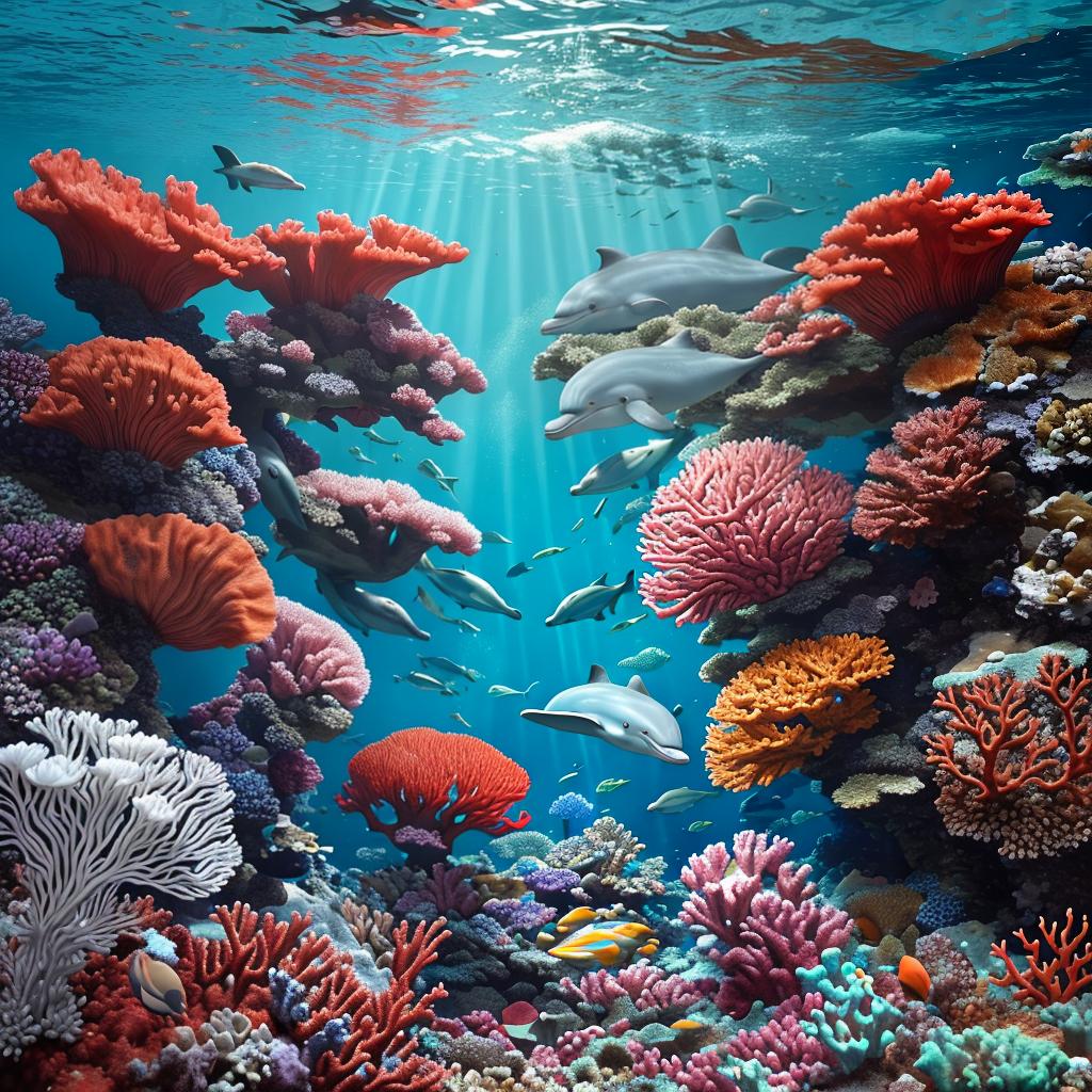  masterpiece, best quality, beautiful deep sea full of corals, diverse marine life and fascinating underwater landscapes with corals, appendages, small fish, anemones, dolphins, various algae, caves, colorful, 8k resolution and intricate detail