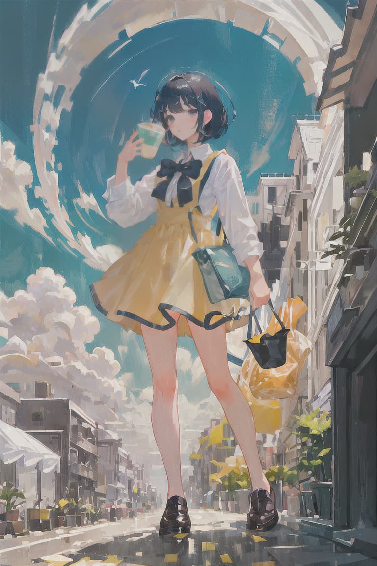  master piece , best quality,Black hair, bobbed hair, high school girl, white little bird, cafe, soda float