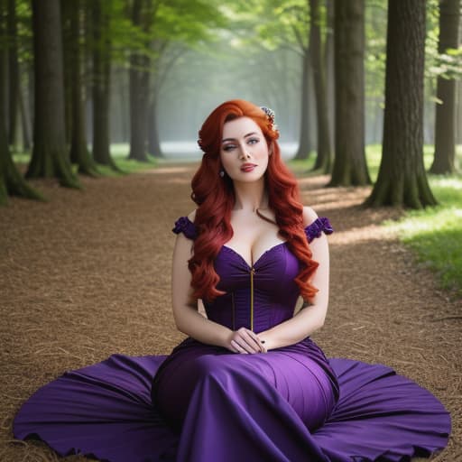  /send image of Amythyst, a woman with voluminous dark red hair in a loose gibson style wearing a purple tartan victorian gown while a picnic blanketReclining gracefully on a cozy, green picnic blanket beneath the shade of lush trees in a serene park, she wears a beautiful Victorian gown made of deep purple tartan fabric. Its voluminous s elegantly around her like a sea of rich colors, every pleat and fold accentuating the sweep of her hips with each gentle shift in her position. Her glorious cascade of fiery red hair has been artfully styled into a large loose gibson bun atop her head - gold-plated combs holding it securely in place as tendrils frame her porcelain skin gently around her face. Amythyst nibble hyperrealistic, full body, detailed clothing, highly detailed, cinematic lighting, stunningly beautiful, intricate, sharp focus, f/1. 8, 85mm, (centered image composition), (professionally color graded), ((bright soft diffused light)), volumetric fog, trending on instagram, trending on tumblr, HDR 4K, 8K