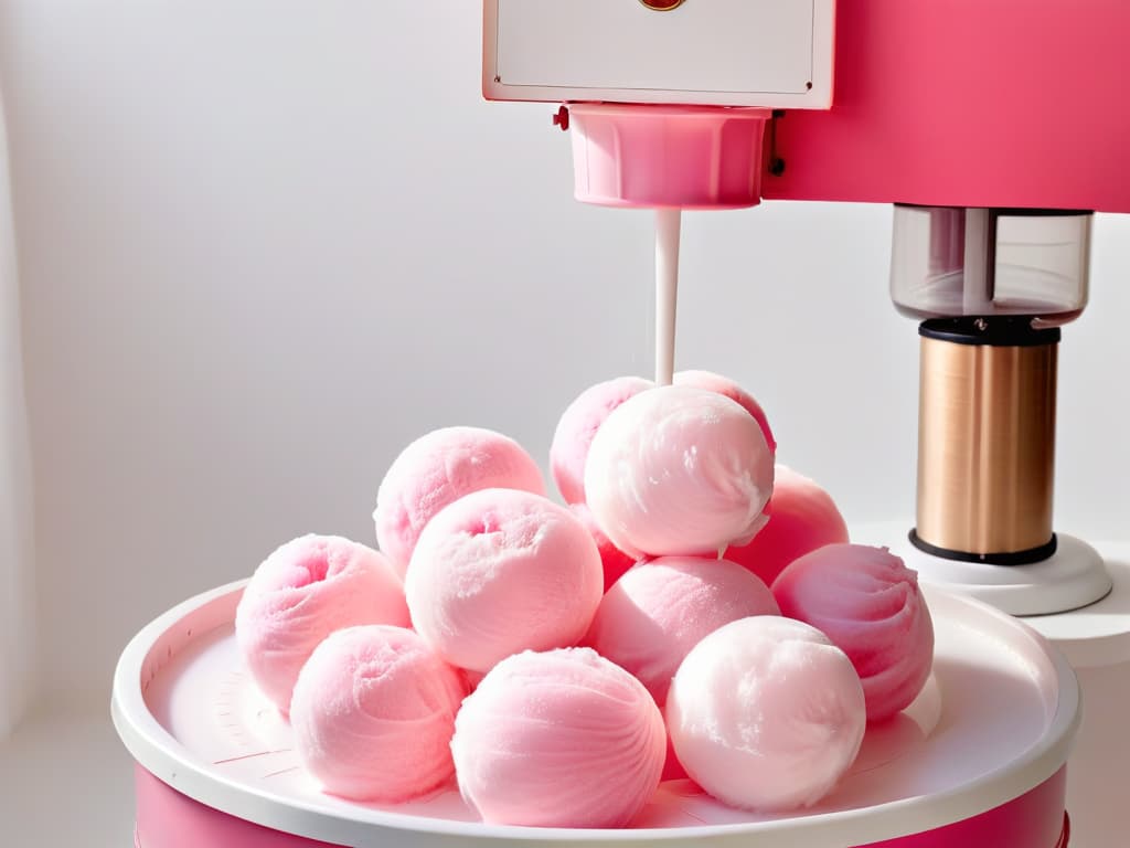  A closeup, ultradetailed image of a homemade cotton candy machine in action, spinning vibrant pink cotton candy strands against a clean, white background. The machine's intricate mechanics are visible, capturing the mesmerizing transformation of sugar into fluffy, sugary treats. The image conveys a sense of nostalgia and joy, with the focus solely on the beauty and simplicity of the cotton candymaking process. hyperrealistic, full body, detailed clothing, highly detailed, cinematic lighting, stunningly beautiful, intricate, sharp focus, f/1. 8, 85mm, (centered image composition), (professionally color graded), ((bright soft diffused light)), volumetric fog, trending on instagram, trending on tumblr, HDR 4K, 8K