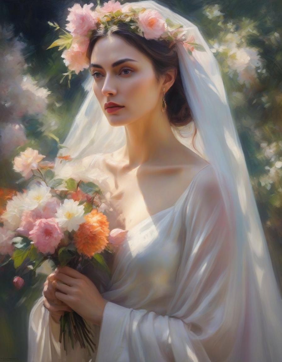  impressionist painting A portrait of a woman with flowers in her hair, intense eyes, surrounded by a veil and ethereal blossoms. . loose brushwork, vibrant color, light and shadow play, captures feeling over form hyperrealistic, full body, detailed clothing, highly detailed, cinematic lighting, stunningly beautiful, intricate, sharp focus, f/1. 8, 85mm, (centered image composition), (professionally color graded), ((bright soft diffused light)), volumetric fog, trending on instagram, trending on tumblr, HDR 4K, 8K