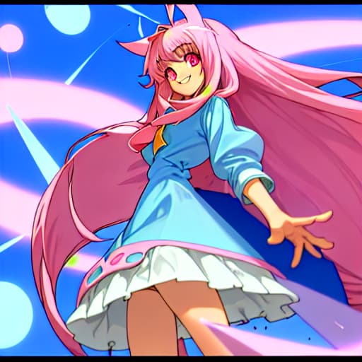  amine with long hair pink eyes huge es and big she's wearing a blue and smiling