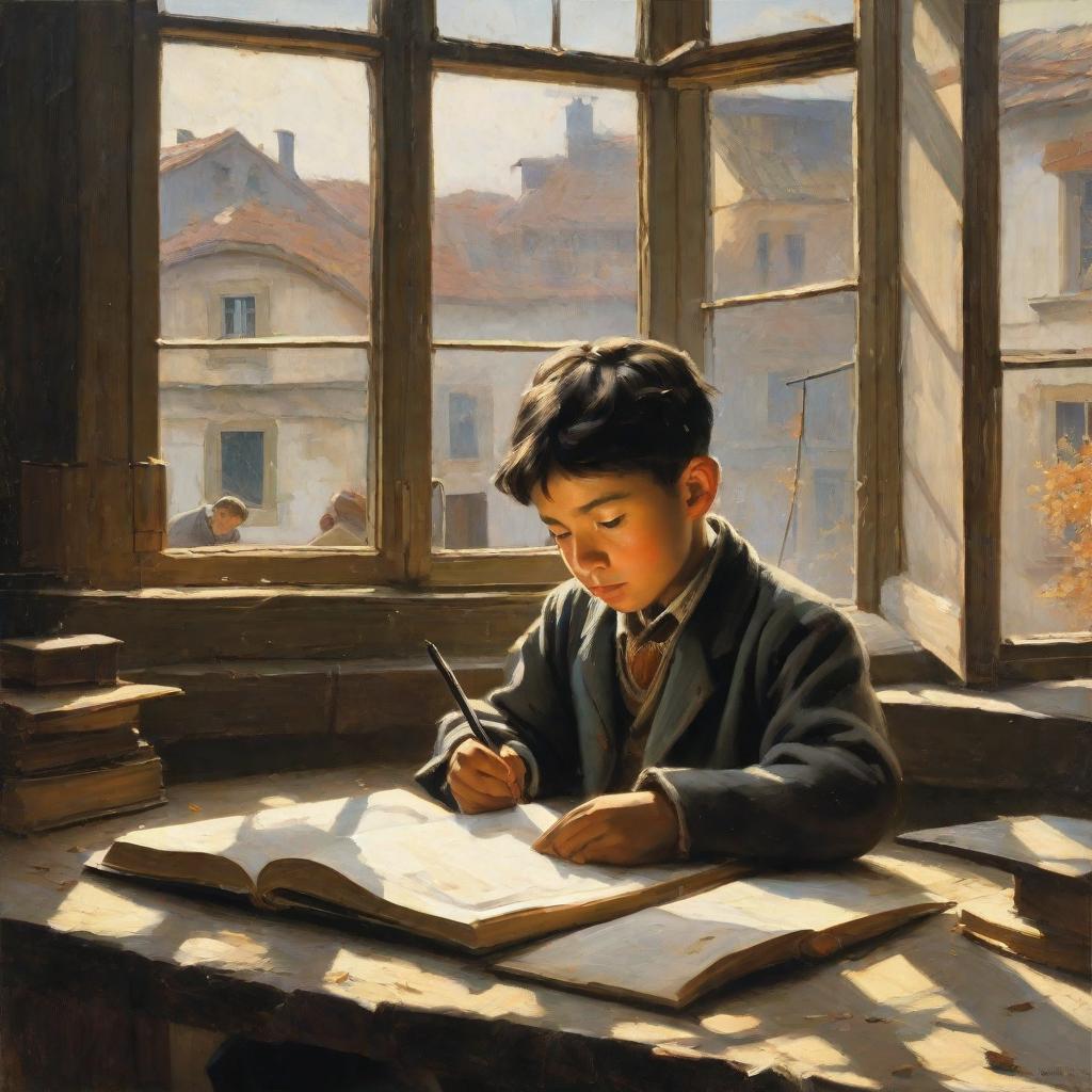  masterpiece, best quality,A poor rural schoolboy, studying hard in cold windows, later won the Nobel Prize in Physics and returned home.