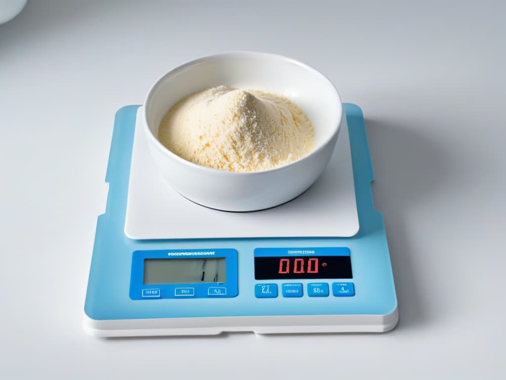  A minimalistic, ultradetailed image of a sleek digital kitchen scale, displaying precise measurements of flour and sugar with small, intricate markings indicating grams and ounces. The scale is set against a clean, white backdrop, emphasizing the precision and accuracy required in advanced pastry techniques. hyperrealistic, full body, detailed clothing, highly detailed, cinematic lighting, stunningly beautiful, intricate, sharp focus, f/1. 8, 85mm, (centered image composition), (professionally color graded), ((bright soft diffused light)), volumetric fog, trending on instagram, trending on tumblr, HDR 4K, 8K