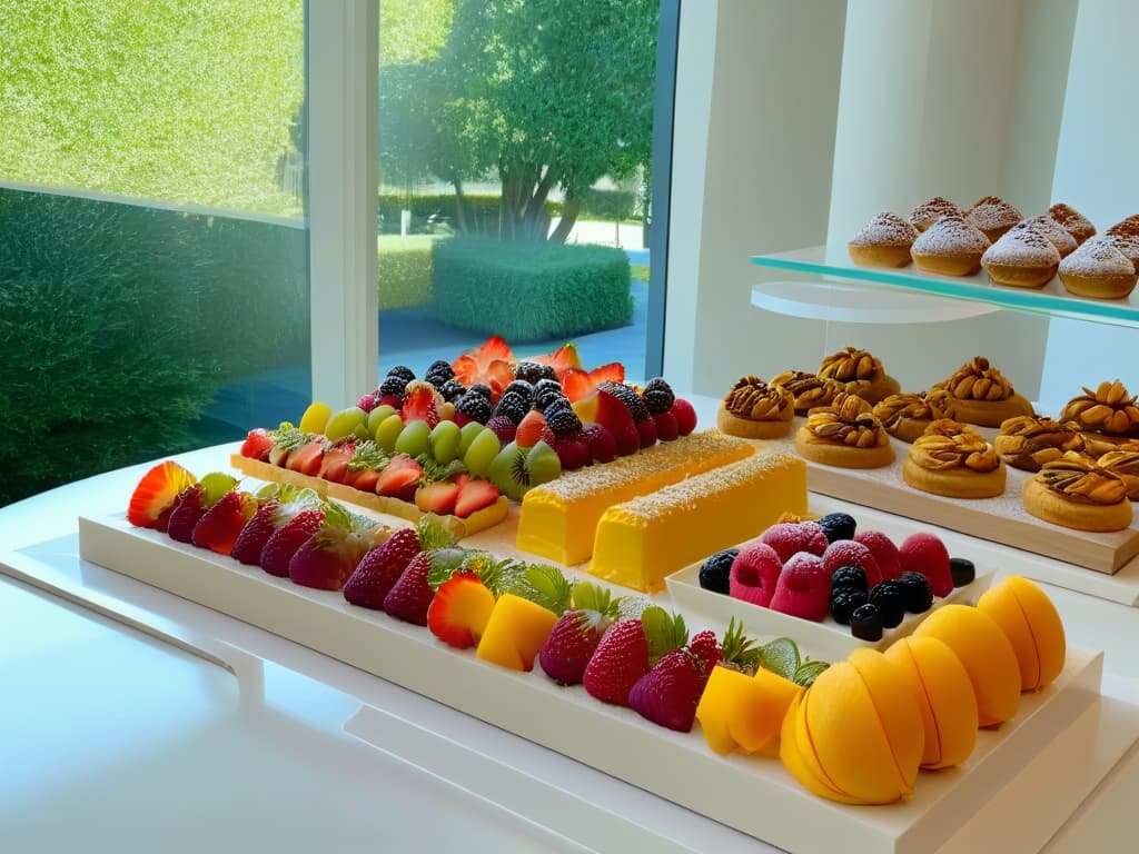  An ultradetailed image of a sleek, modern kitchen with a pristine marble countertop adorned with a beautifully arranged display of colorful, healthy pastries and desserts. The pastries are intricately decorated with fresh fruits and nuts, showcasing a perfect balance between indulgence and nutrition. The soft natural light filtering through the window illuminates the scene, highlighting the vibrant colors and textures of the treats. hyperrealistic, full body, detailed clothing, highly detailed, cinematic lighting, stunningly beautiful, intricate, sharp focus, f/1. 8, 85mm, (centered image composition), (professionally color graded), ((bright soft diffused light)), volumetric fog, trending on instagram, trending on tumblr, HDR 4K, 8K