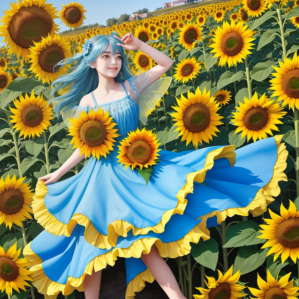  In the bright sunshine and blue sky, a fairy-like sunflower girl in a sea of sunflower flowers.