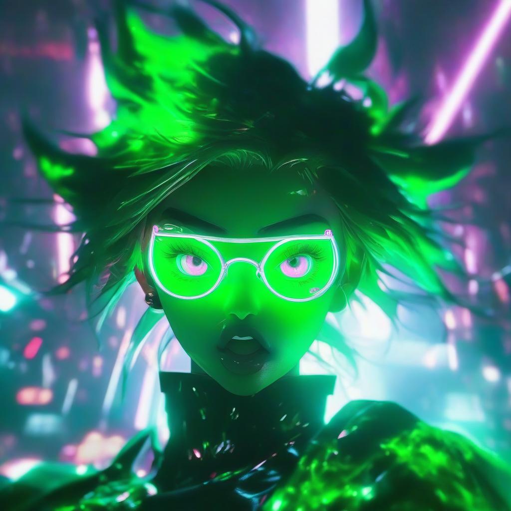  cinematic photo a girl with pink eyes standing in front of a green light, anime epic artwork, technological sunglasses, malicious, wlop : :, bright green glowing water, rage, black square glasses, corrupted, streaming on twitch, 2 d cg, || very anime, unknown, malevolent, ecchi . 35mm photograph, film, bokeh, professional, 4k, highly detailed hyperrealistic, full body, detailed clothing, highly detailed, cinematic lighting, stunningly beautiful, intricate, sharp focus, f/1. 8, 85mm, (centered image composition), (professionally color graded), ((bright soft diffused light)), volumetric fog, trending on instagram, trending on tumblr, HDR 4K, 8K