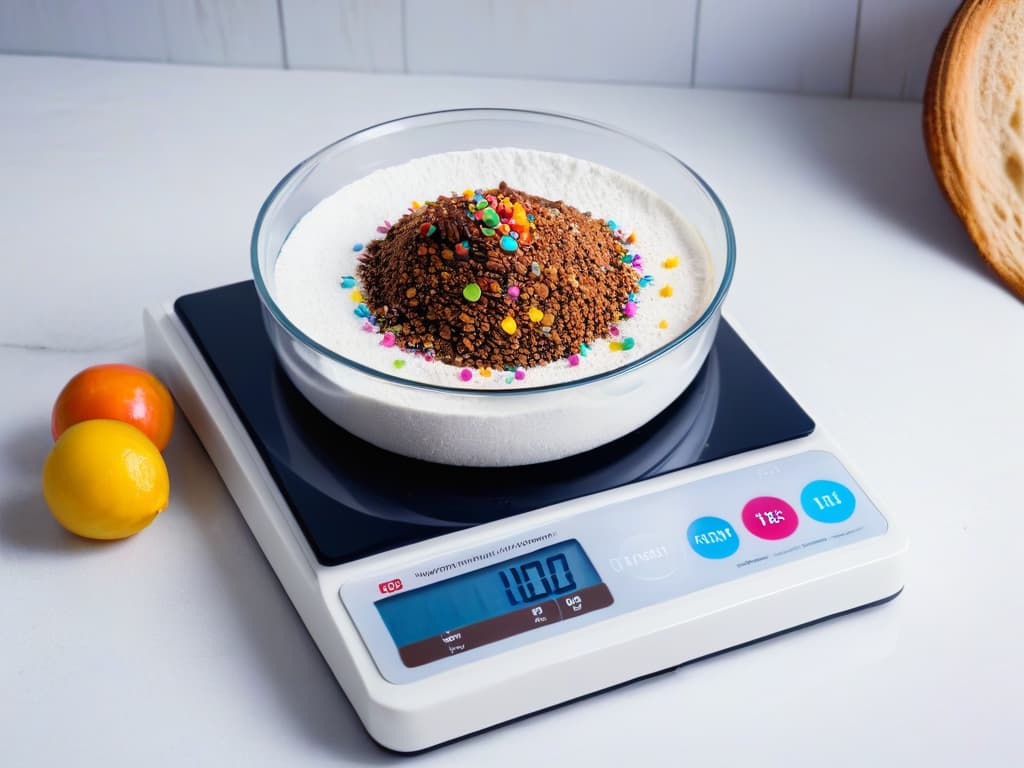  A closeup, photorealistic image of a sleek, modern digital kitchen scale sitting on a pristine white marble countertop. The scale displays a precise measurement of colorful sprinkles, chocolate chips, and flour, showcasing the importance of accuracy in baking. The soft natural light illuminates the scene, highlighting the intricate details of the scale and the ingredients, creating a visually appealing and inspiring image for a baking enthusiast. hyperrealistic, full body, detailed clothing, highly detailed, cinematic lighting, stunningly beautiful, intricate, sharp focus, f/1. 8, 85mm, (centered image composition), (professionally color graded), ((bright soft diffused light)), volumetric fog, trending on instagram, trending on tumblr, HDR 4K, 8K