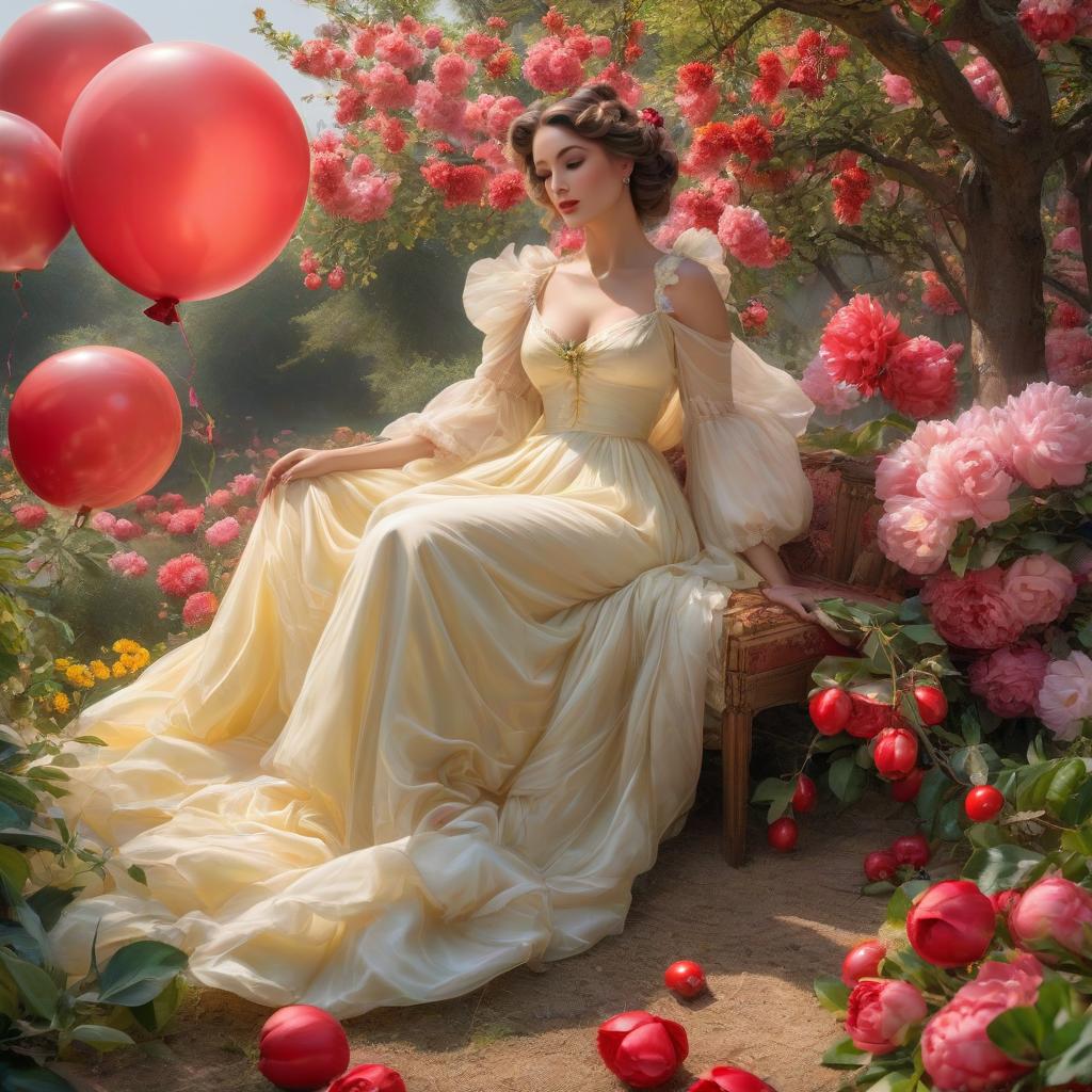  А large balloon. Lightness, spring. (Sparkling rim)): spring field, hyacinths, roses, rosehips, rose hips, peonies, cherry tree, yellow, red. Рroper eye work.. Honoré Fargonard, Alfonso Mucha. hyperrealistic, full body, detailed clothing, highly detailed, cinematic lighting, stunningly beautiful, intricate, sharp focus, f/1. 8, 85mm, (centered image composition), (professionally color graded), ((bright soft diffused light)), volumetric fog, trending on instagram, trending on tumblr, HDR 4K, 8K