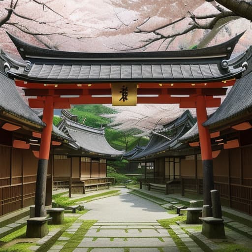  80's fantasy art, A traditional Japanese village set in a lush forest. The village features houses with tiled roofs, temples with pagodas, torii gates marking the entrances, and samurai training in the open areas. Hidden within the forest are secret ninja schools. The scene is serene and peaceful, with cherry blossom trees adding a touch of color.