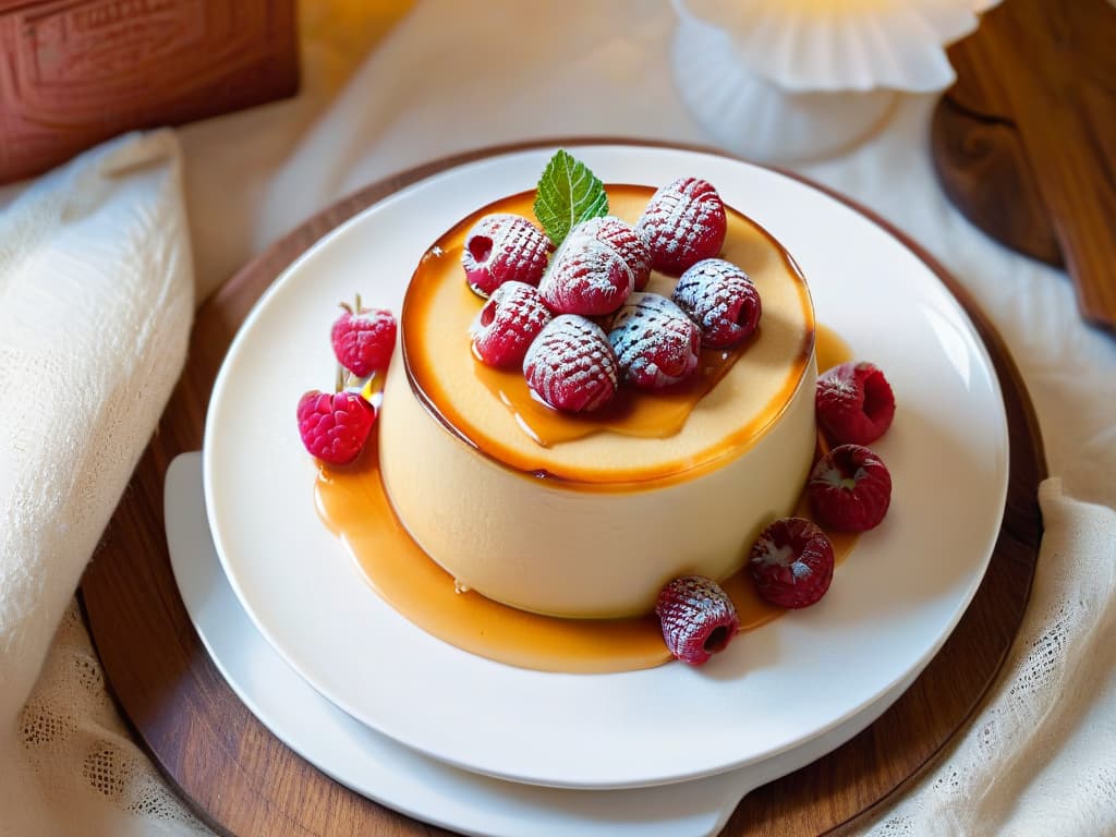  A photorealistic image of a decadent vanilla flan sitting on a delicate porcelain plate, garnished with fresh raspberries and a mint leaf. The flan is perfectly smooth and creamy, with a golden caramel drizzle cascading down the sides. The plate is placed on a rustic wooden table, with a soft, diffused light illuminating the dessert, creating a warm and inviting atmosphere. hyperrealistic, full body, detailed clothing, highly detailed, cinematic lighting, stunningly beautiful, intricate, sharp focus, f/1. 8, 85mm, (centered image composition), (professionally color graded), ((bright soft diffused light)), volumetric fog, trending on instagram, trending on tumblr, HDR 4K, 8K