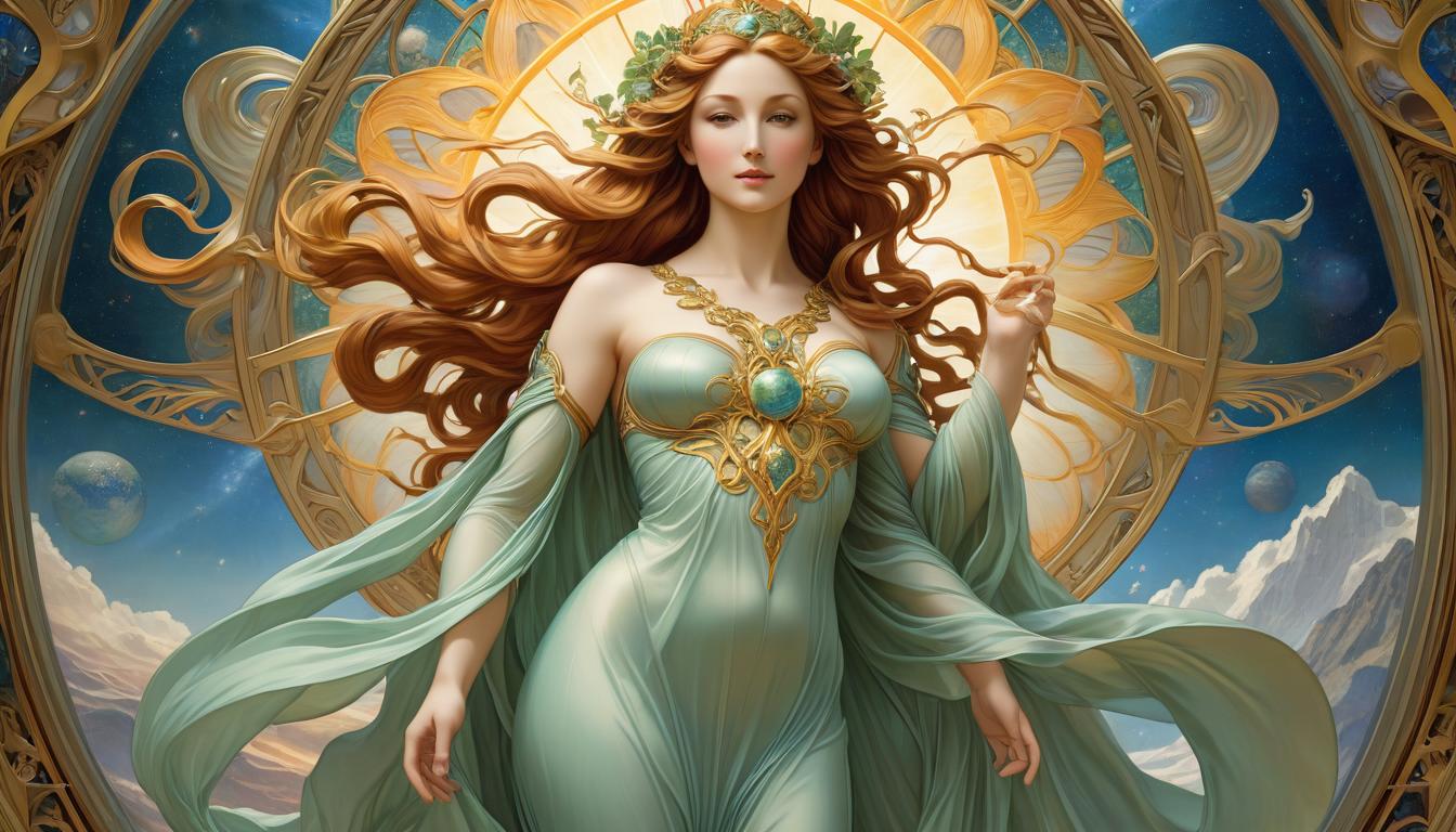  Art Nouveau style (masterpiece:1.6). (The image of the goddess of the Earth in flowing transparent robes in three guises:1.5). Radiant harmony, a single impulse, life, creative emanations, sprout, sun, planet, Universe. High detail. (Expressive eyes, gentle, love:1.4). (Michelangelo, Raphael, Renaissance:1.3). . elegant, decorative, curvilinear forms, nature inspired, ornate, detailed hyperrealistic, full body, detailed clothing, highly detailed, cinematic lighting, stunningly beautiful, intricate, sharp focus, f/1. 8, 85mm, (centered image composition), (professionally color graded), ((bright soft diffused light)), volumetric fog, trending on instagram, trending on tumblr, HDR 4K, 8K