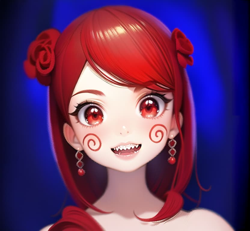  Swirled cheeks, red short hair, flower decoration, large red ribbon's prominent hair ornaments, teeth like kiba, big eyes, cheerful, cute, pop clothes, (Masterpiece, BestQuality:1.3), (ultra detailed:1.2), (hyperrealistic:1.3), (RAW photo:1.2),High detail RAW color photo, professional photograph, (Photorealistic:1.4), (realistic:1.4), ,professional lighting, (japanese), beautiful face, (realistic face)