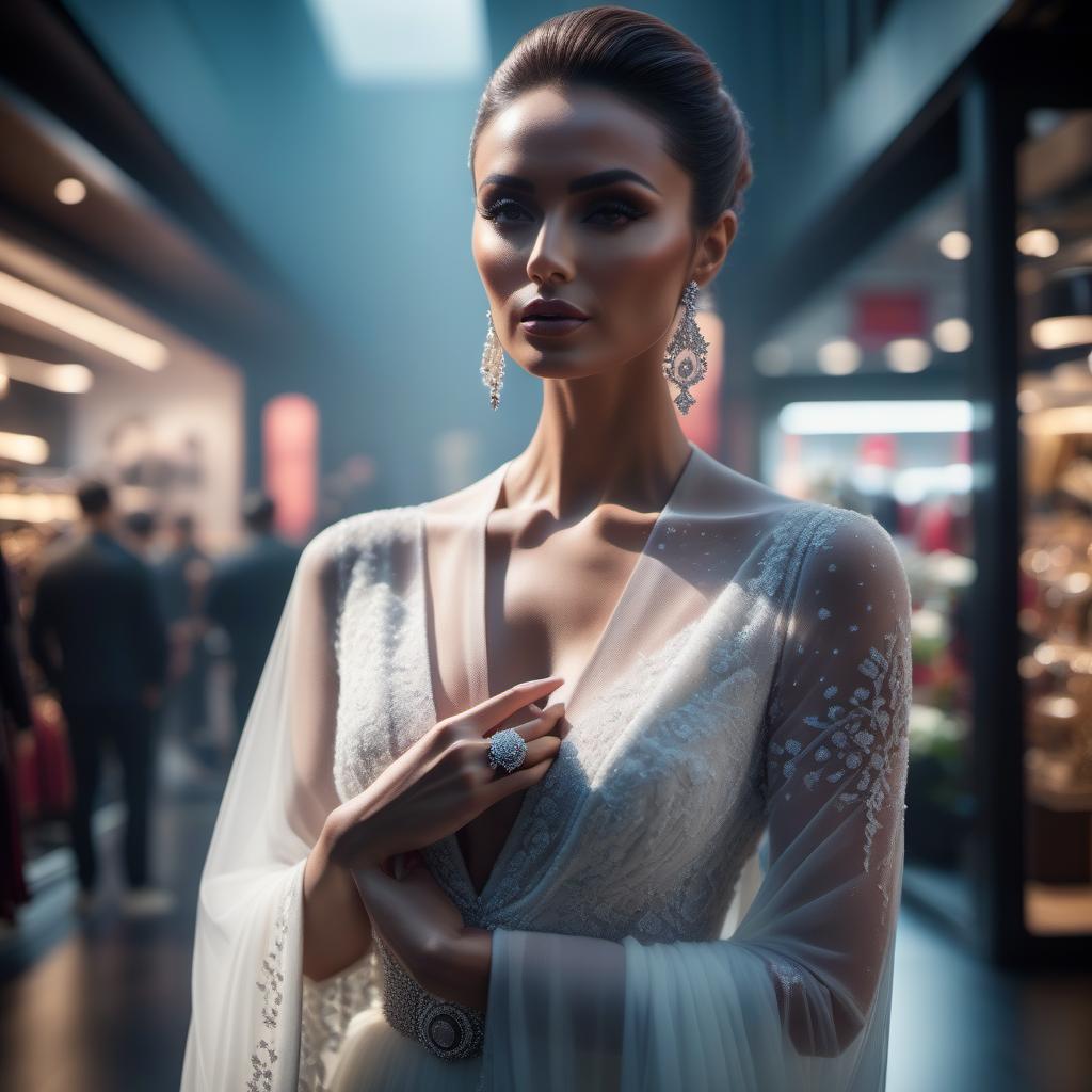  ring in the store hyperrealistic, full body, detailed clothing, highly detailed, cinematic lighting, stunningly beautiful, intricate, sharp focus, f/1. 8, 85mm, (centered image composition), (professionally color graded), ((bright soft diffused light)), volumetric fog, trending on instagram, trending on tumblr, HDR 4K, 8K