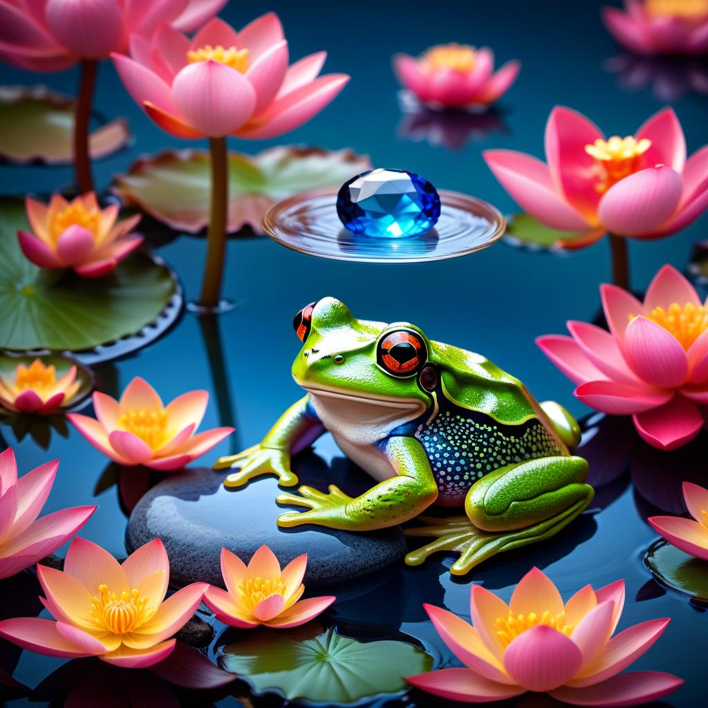  ethereal fantasy concept art of (Background): a lake with blooming lotuses of different shades: from white pink to bright crimson and leaves of tender green colour. The sky above the lake of dark blue colour with golden stars scattered on it. (Fantasy Princess Frog): in the centre of the lake on the biggest lotus flower sits a charming frog in a golden crown decorated with blue and blue precious stones. In his paws he holds a ring decorated with blue stones. Style: fantasy, Russian fairy tales, illustrations. . magnificent, celestial, ethereal, painterly, epic, majestic, magical, fantasy art, cover art, dreamy hyperrealistic, full body, detailed clothing, highly detailed, cinematic lighting, stunningly beautiful, intricate, sharp focus, f/1. 8, 85mm, (centered image composition), (professionally color graded), ((bright soft diffused light)), volumetric fog, trending on instagram, trending on tumblr, HDR 4K, 8K